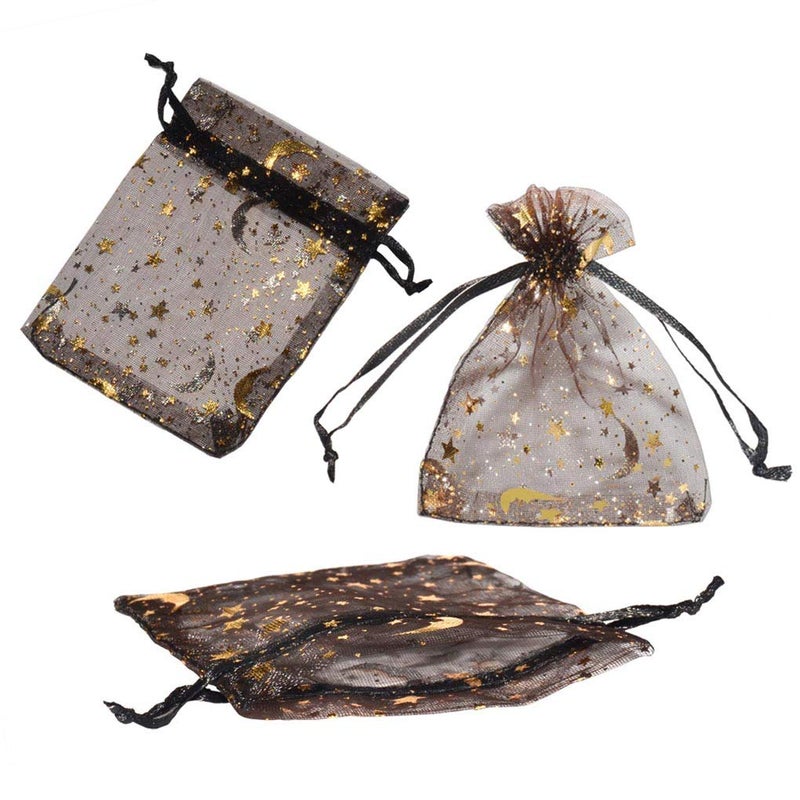 SUNGULF 100Pcs 3x4 Inches Sheer Organza Drawstring Pouches Stars And Moon Wedding Party Favor Jewelry Candy Gift Bags (Black) - Image 3